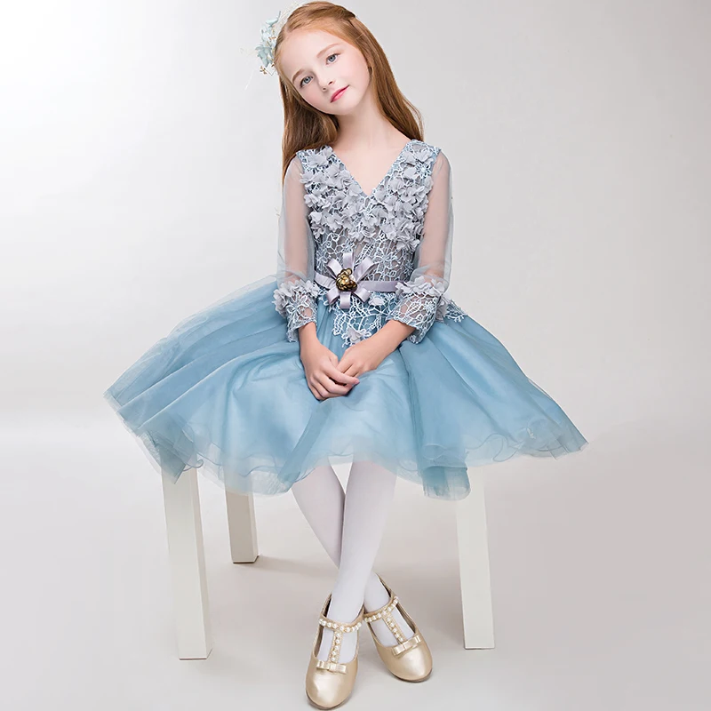

Luxury V-neck Flower Girl Dresses Wedding Birthday Party Ball Gown Floral Appliques Hollow Out Cute Princess Dress Kids Clothes