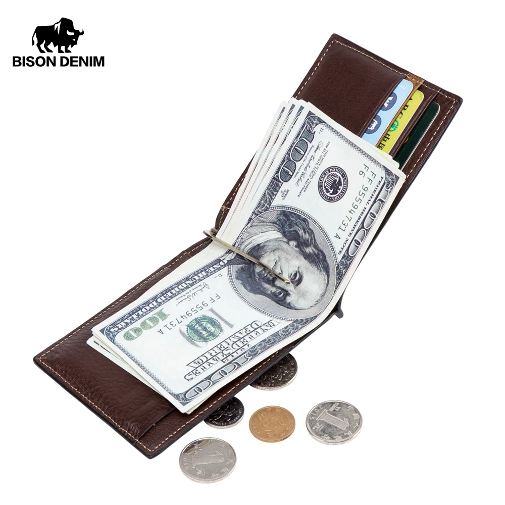 BISON DENIM Cow Leather Wallet Men Money Purse With Zipper Coin Pocket ID Card Genuine Leather Mini Purse For Men W9348 3
