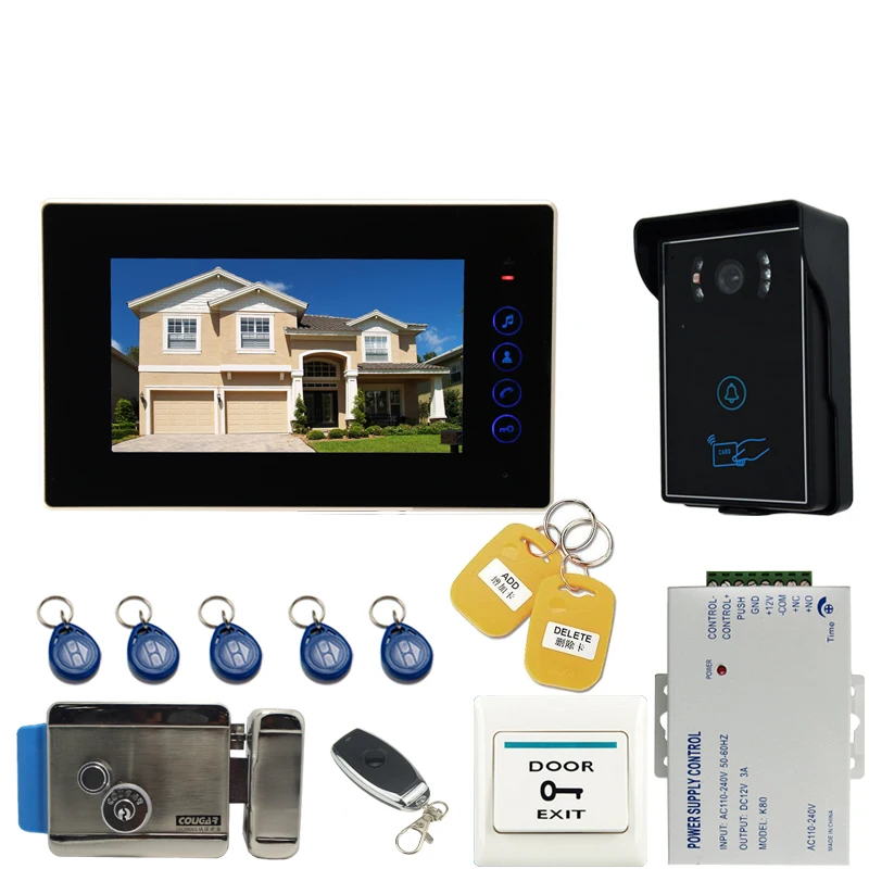 

JEX wired 7 inch LCD video doorphone doorbell intercom system kit RFID waterproof Touch Key camera +Electronic control lock
