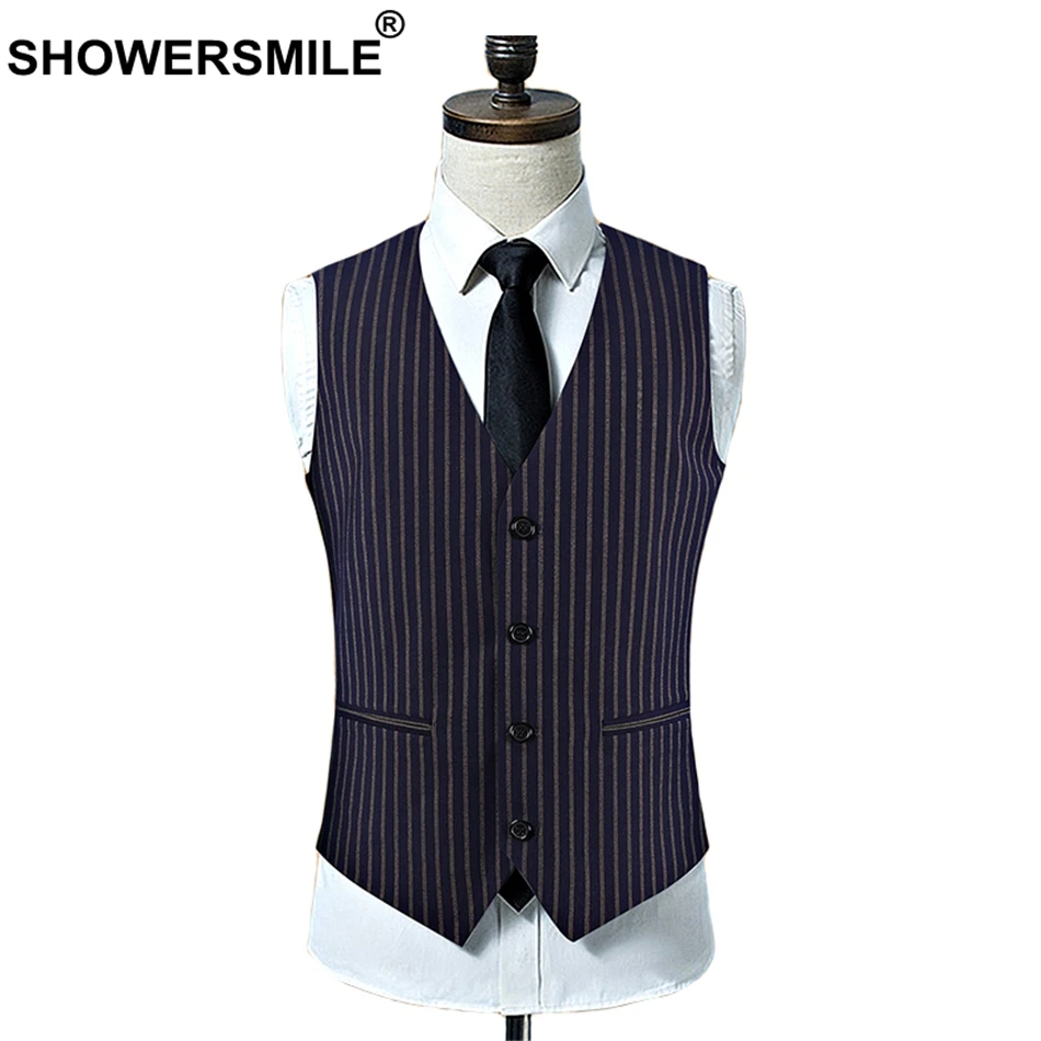 

SHOWERSMILE Stripe Dress Vests Man Blue Smart Casual Slim Fit Waistcoat Male Suit Vest Business Purple Autumn Sleeveless Jacket