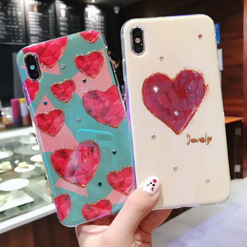 

Lovely heart Rhinestone Cases For iPhone XS XS MAX XR 6 6s 7 8 Plus X Case Transparent Frame TPU Cover Phone Funda Coque Girl