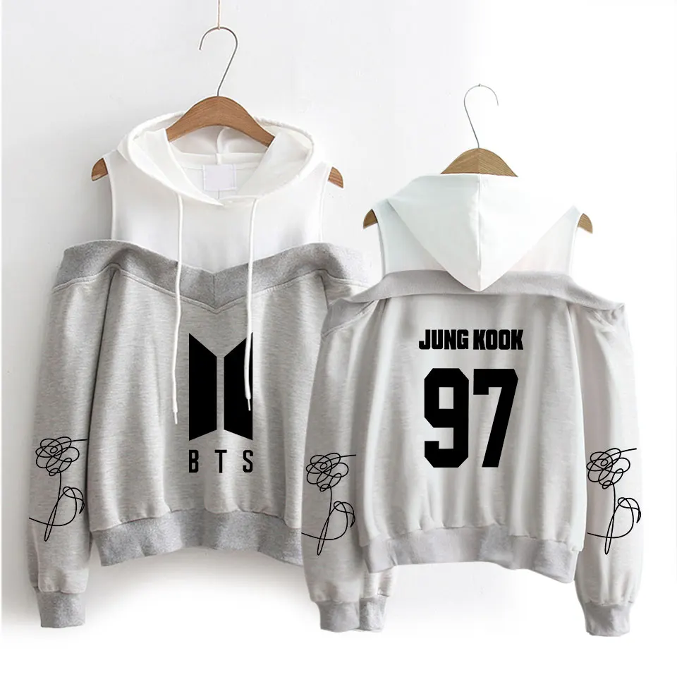 

2019 Love Yourself Kpop Printed Hoodies Women New Fashion Long Sleeve Off-Shoulder Hooded Sweatshirts Streetwear Hooded Wear