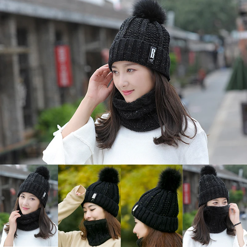 2Pcs Women Winter Scarf Hat Warm Set Solid Knitted Soft Cotton Bib Scarves