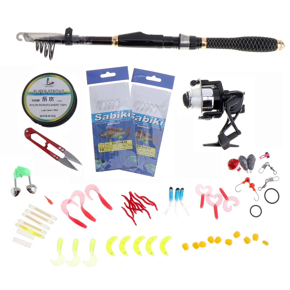 56pcs 1.8m Fishing Rod and 500 Reel Combos Lure Fishing Set with Various Baits and Accessories for Saltwater / Freshwater