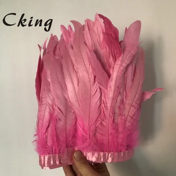 

15-20CM Rooster coque feather trim Pink Color Bleached & Dyed natural real chicken feather fringe boas sewing strungs 2 meters