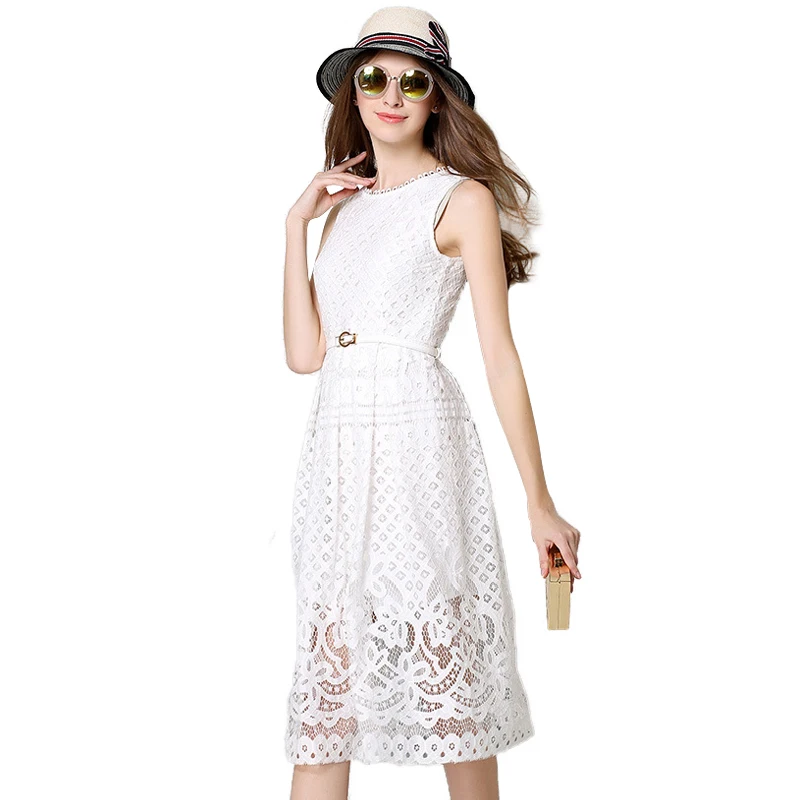 High quality Women Dress summer Fashion Women sleeveless flower hollow