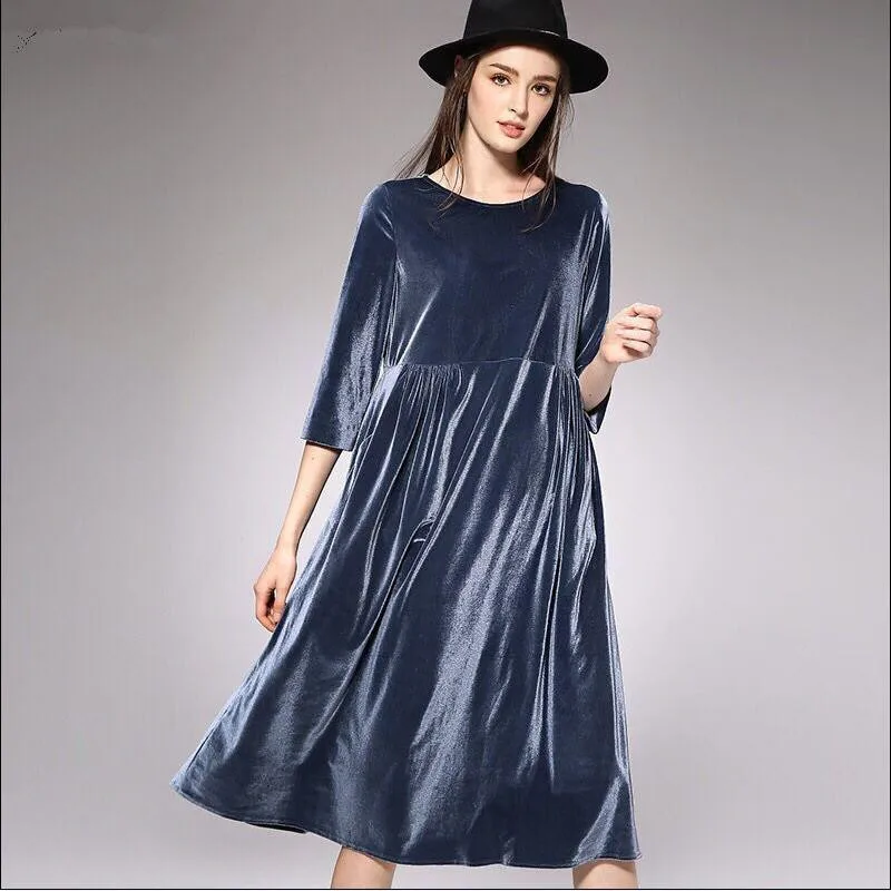 Baratos De talla grande M 5XL 6XL 7XL vestido de Invierno para mujer vestidos de terciopelo elegantes largos para damas vestidos de terciopelo Formal de fiesta negro, rojo, azul B