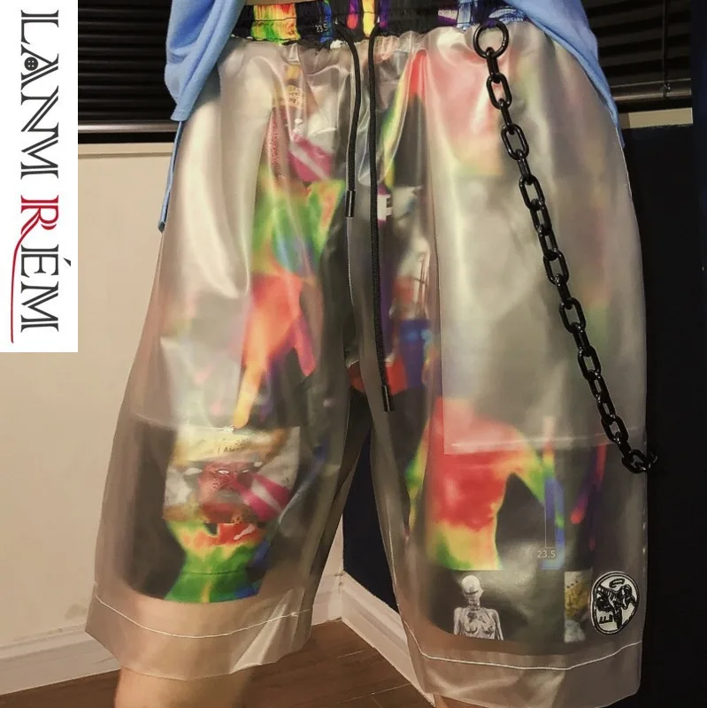 

LANMREM 2019 New Summer Fashion Women Thin Styles Clothes PVC Printed Belts Short Pants Single Chain Outfits WG21501L