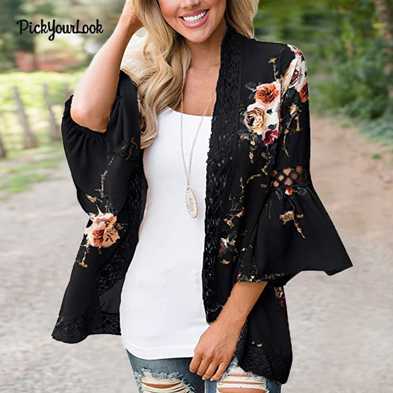 PickyourLook Women Cardigan Long Sleeve Female Tops Lace Cardigan Autumn Patchwork Floral Plus Size Lady Kimono Cardigan Outwear
