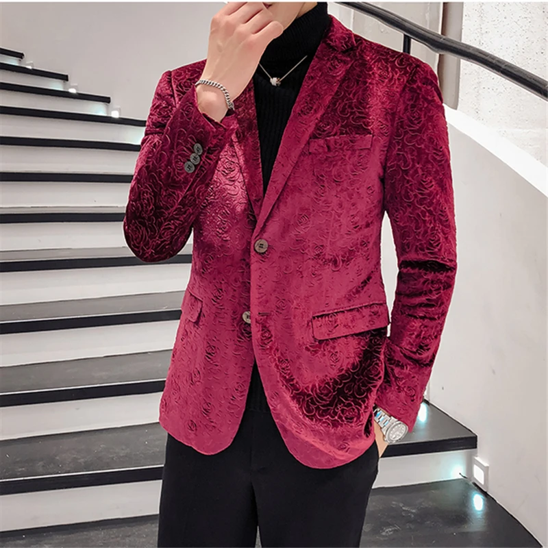 

High quality red suit jacket men Slim design S M L XL XXL XXXL mens blazer Asia size Rose flower coat
