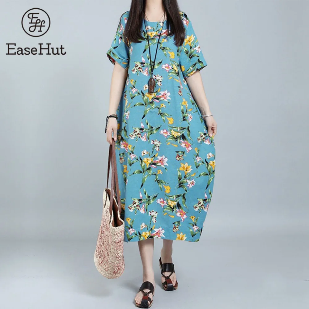 

EaseHut 2019 Women Vintage Cotton Loose Dress Summer Floral Printed O-Neck Short Sleeve Pockets Casual Dresses Robe Plus Size
