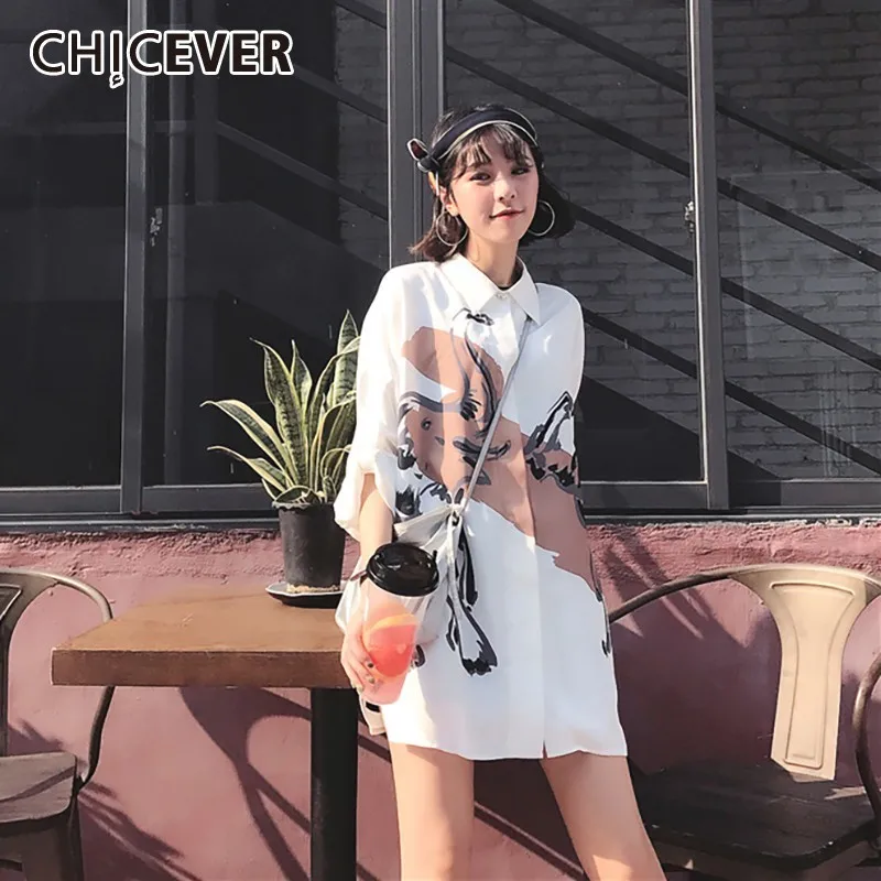 

CHICEVER Summer Streetwear Chiffon Print Women's Blouse Lapel Long Sleeve Button Loose Female Shirt Top Clothing 2019 Korean New