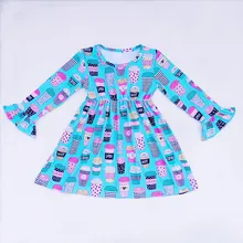 Для маленьких девочек осеннее платье девушки дети Кофе латте печатных синий шелк молока платье Дети Осень с длинным рукавом Бутик платья