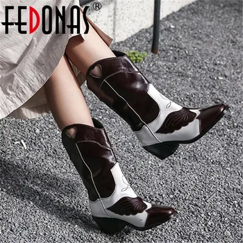 

FEDONAS Autumn Winter Warm Pointed Toe High Heels Women Mid-Calf Boots Genuine Leather Slip On Western Boots Party Shoes Woman