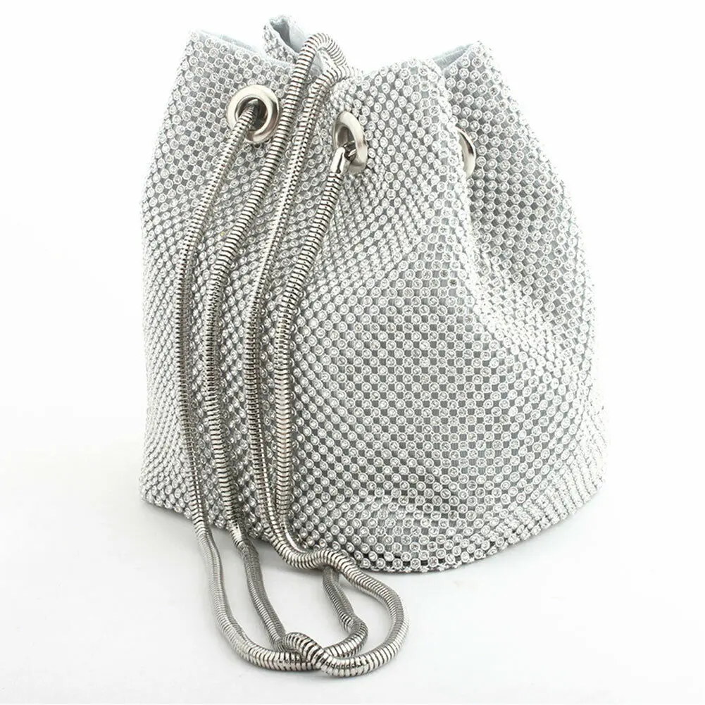 New Fashion Ladies Elegant Diamond Rhinestone Small Bucket Messenger Shoulder Bag Tote Women Evening Banquet Cross Body Mini Bag - Цвет: Серебристый