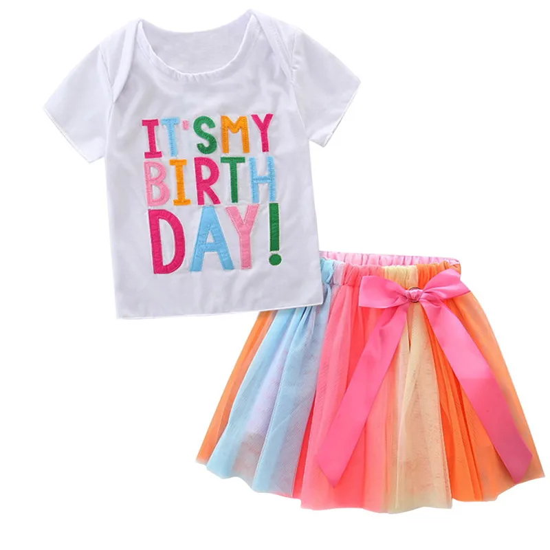 

Girl's birthday T-shirt skirt pure cotton cute letter bow across the border