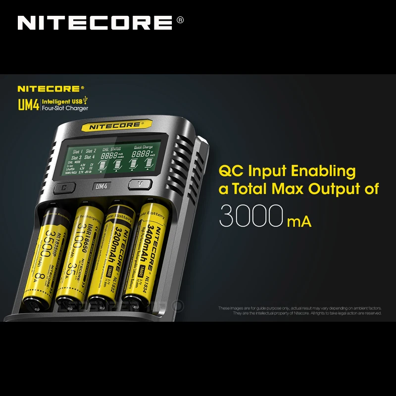 Интеллектуальное зарядное устройство Nitecore UM4 с четырьмя слотами USB совместимое