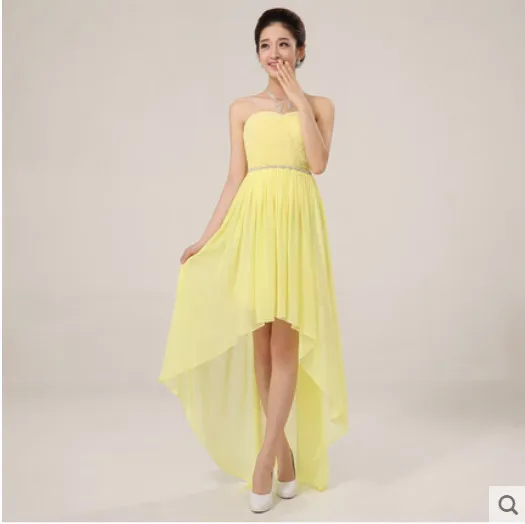 yellow tube top Недорогое шифоновое платье подружки невесты до 50 с высокой низкой талией и кристаллами, короткое спереди, длинное сзади, вечерние платья для выпускного вечера, Простое Элегантное Платье - Цвет: yellow tube top