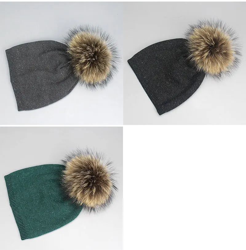 Для женщин зимняя шапка шерстяные вязаные шапочки кепки натуральным лисьим Мех животных помпоном сияющий кристалл шапки одноцветное ЦВЕ