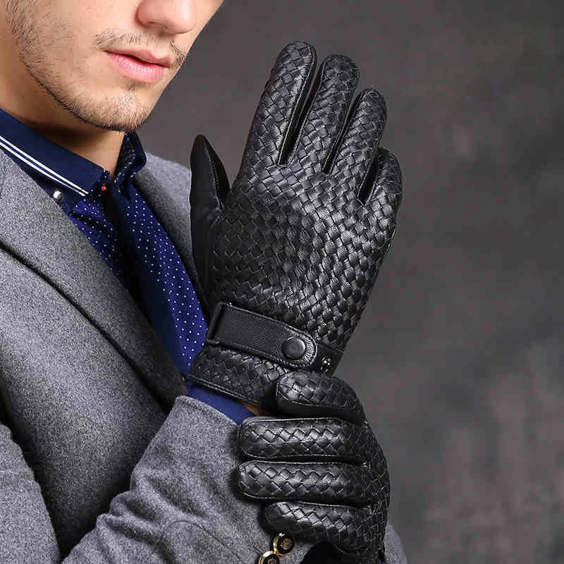 Free Shipping High Quality Men Leather Gloves Hand Woven Full Finger