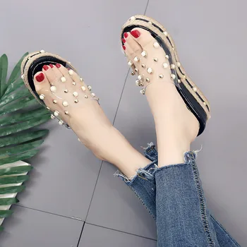 

Vogue Women Slippers Nice NEW Summer Shoes Woman Flip Flops Beading High Heels Shoes Platform Wedges Slides PHY2808
