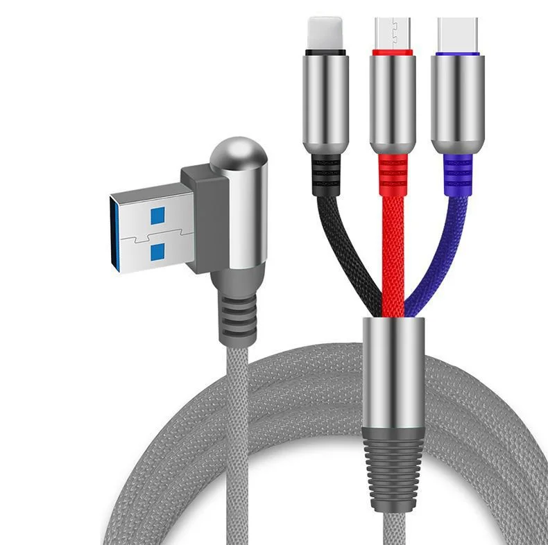 3 в 1 USB кабель из алюминиевого сплава 90 градусов Micro usb type C кабель для huawei Xiaomi Redmi usb-кабель для Samsung для iPhone XR XS MAX - Цвет: Gray