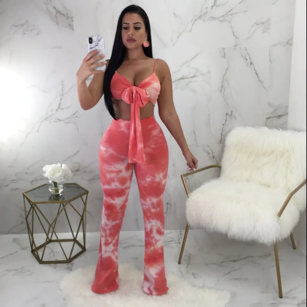 

2019 Summer Print Sleeveless Off Shoulder Strapless Bow Bandage Sexy Boot Cut Sport Two Piece Outfits