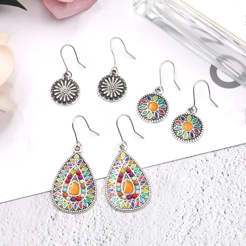 

3Pairs/Set Vintage Bohemian Boho Flower Dangle Drop Earrings for Women Enamel Ethnic Round Water Drop Hanging Earrings Jewelry