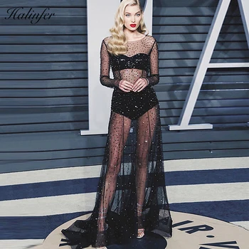 

Halinfer 2018 New summer women dress sexy bodycon o neck beading mesh 3 piece bandage dress evening party black dresses vestidos