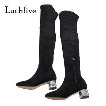 

2018 Newest Stretch Over The Knee Boots Woman Round Toe Rhinestone Diamond Heel Boots Women Side Zipper Knight Boots