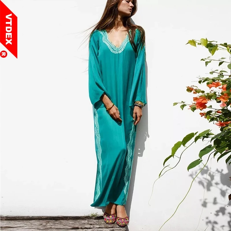 

2018 Cover Up Women V-neck Long Sleeve Kaftan Dress Skirt Side Slit Sexy Loose 2 Colors Beach Dress Tunics Vestidos Two Colors