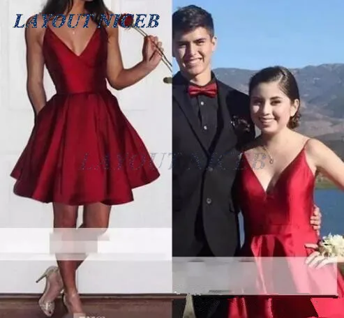 Cheap 2018 New Burgundy V Neck Homecoming Dresses Spaghetti Straps Stain Short Mini Cocktail Dresses Prom Formal Party Gowns Custom Made