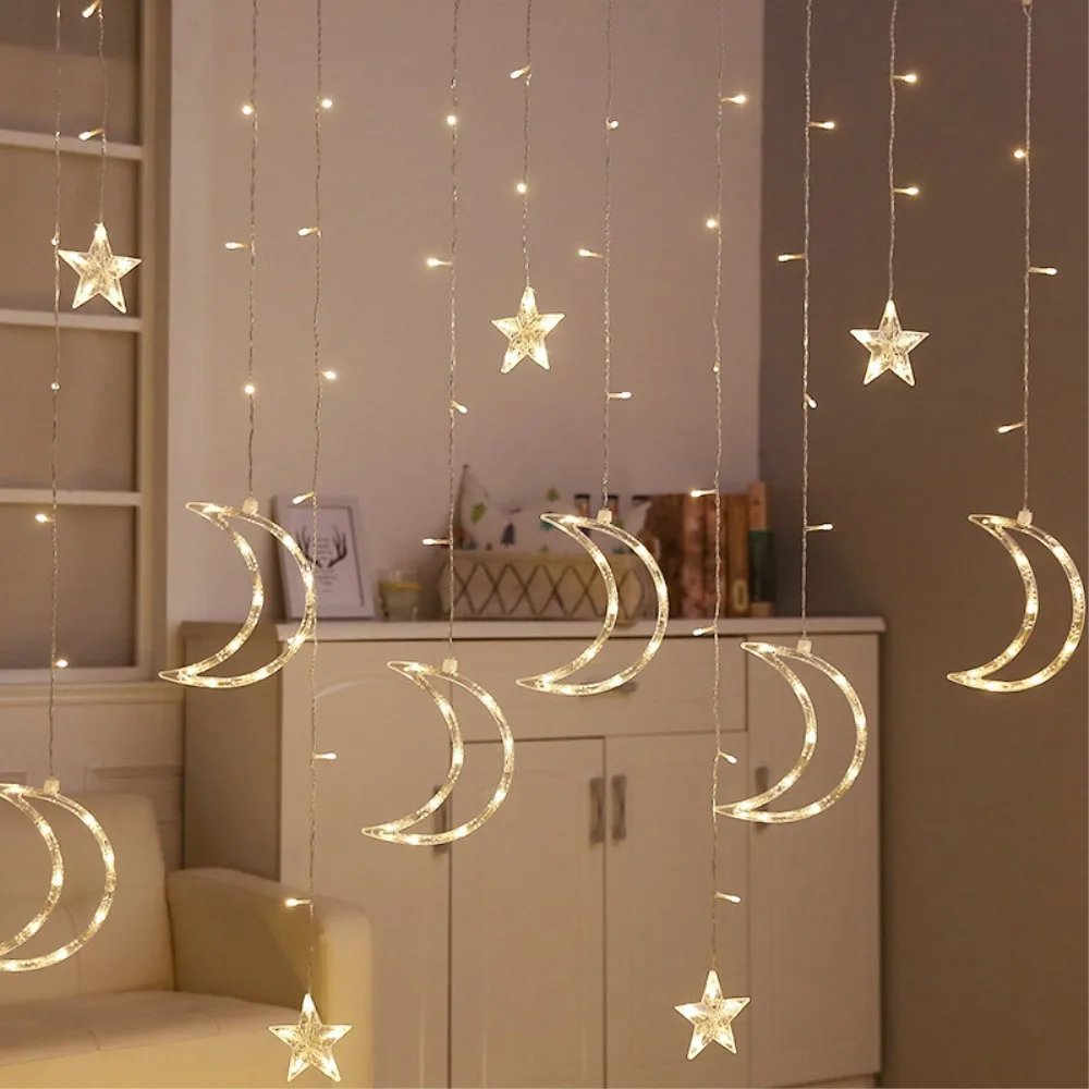 3.5M Romantic Holiday Lights Star Moon Led Curtain String Light Warm EU220V Xmas Christmas Garland Light For Wedding Party Decor 3.5M Romantic Holiday Lights Star Moon Led Curtain String Light Warm EU220V Xmas Christmas Garland Light For Wedding Party Decor