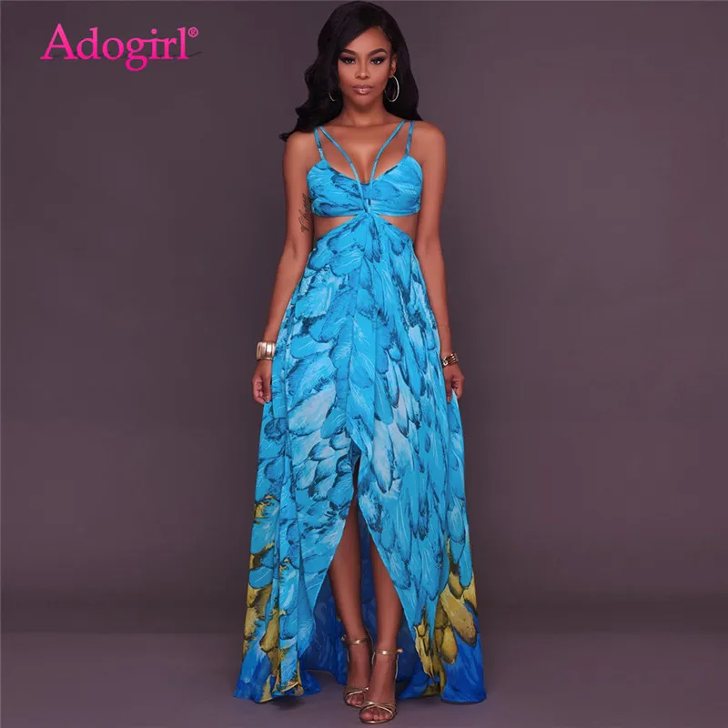 

Adogirl Fashion Print 2018 Summer Beach Dresses Women Sexy Spaghetti Straps Backless Hi-lo Maxi Chiffon Bohemian Dress Vestidos
