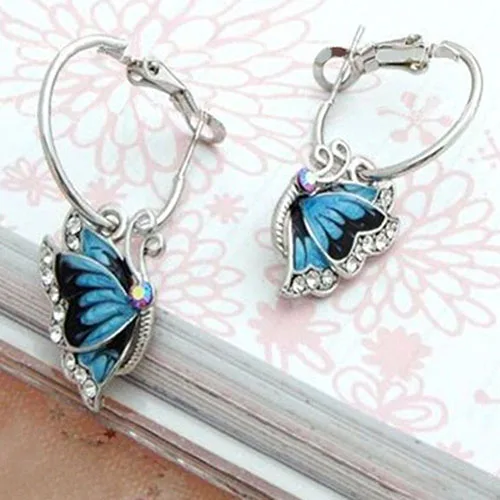 

2018 Fashion Women 1Pair Blue Crystal Rhinestone Enamel Butterfly Dangle Earbob