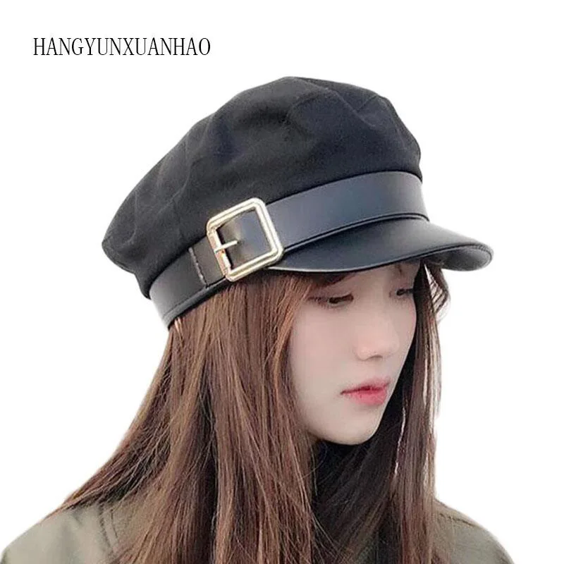 

Military Hat Women Army Cap Woolen Patchwork Leather Black Baker Boy Sun Hat Spring Autumn Brand Sailor Flat Top Hat Snapback
