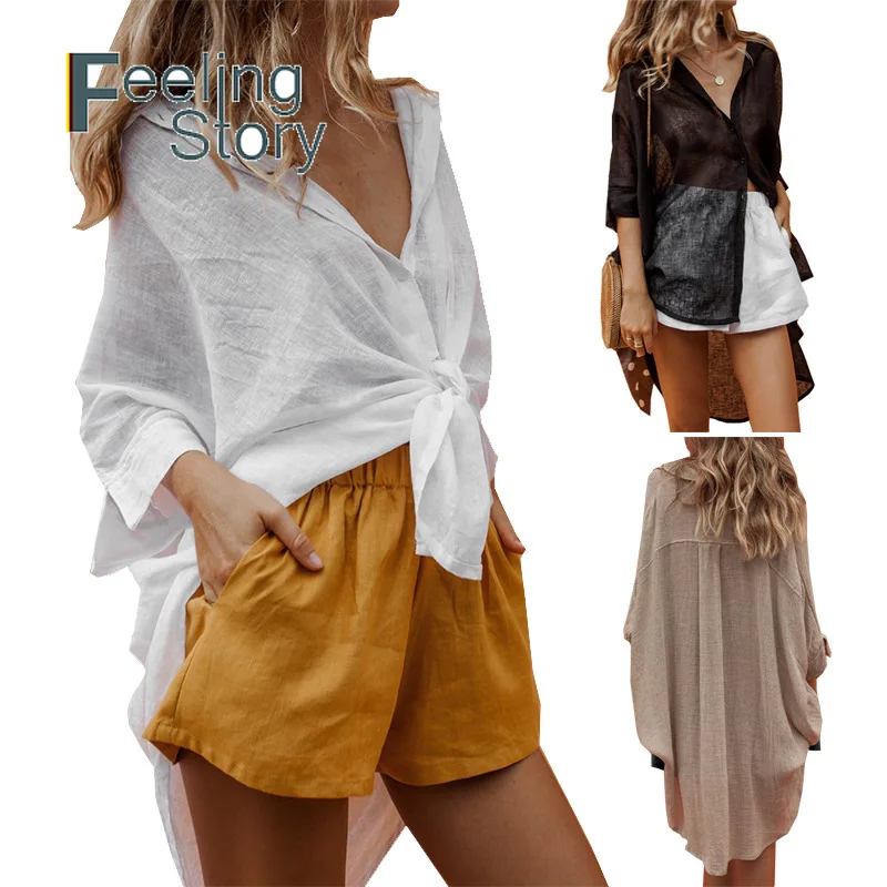

Plus Size Cotton Linen White Blouse Long Sleeve Solid Shirts Baggy Shirt High Low Top Oversize Button Down Shirt for Women 2019