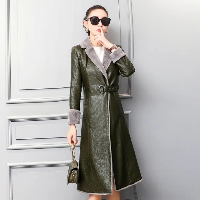 Женское зимнее пальто из натуральной кожи с отложным воротником, длинная верхняя одежда, пальто из натуральной овчины, Кашемировое Женское пальто, M-4XL, G761 - Цвет: Армейский зеленый