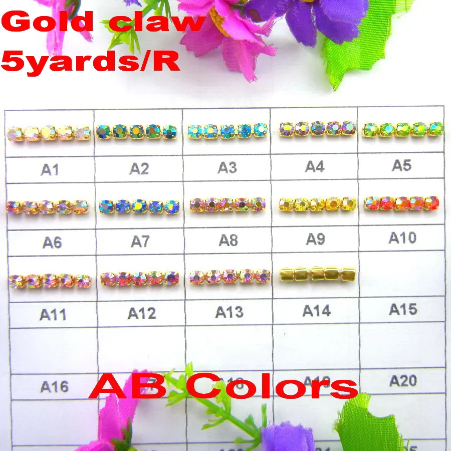 

5yards/Roll High density Gold cup base AB colors ss6 2mm SS8 2.5mm SS10 2.8mm SS12 3mm rhinestone cup chain Sew On glue on trim