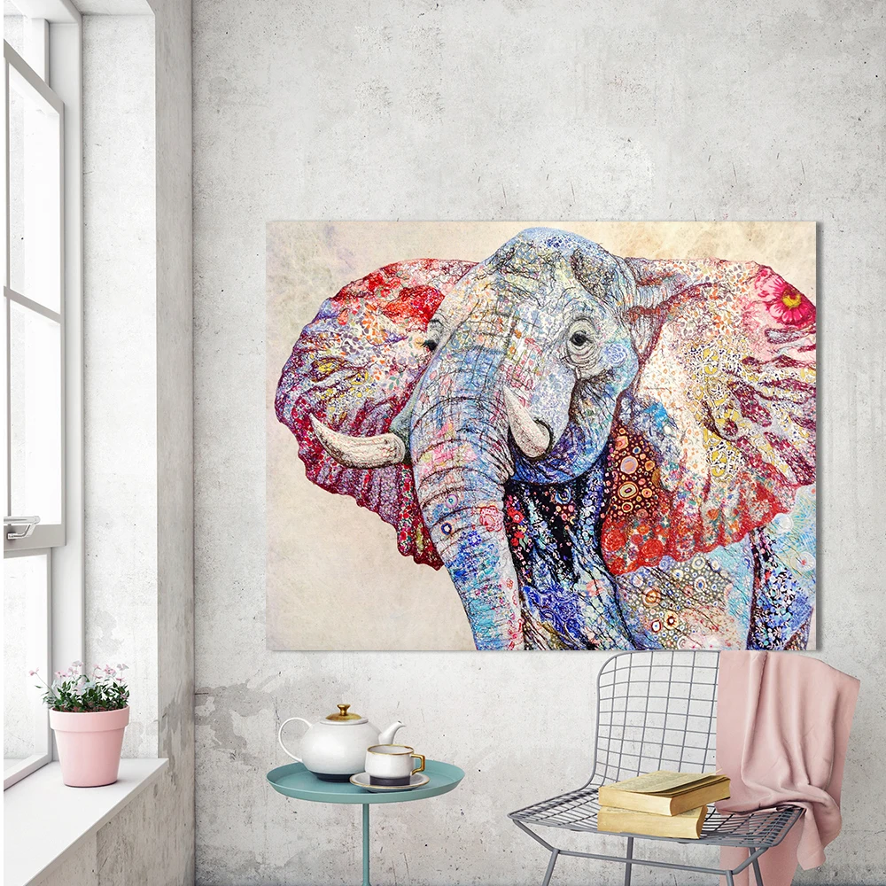 Wall Art Canvas Painting Animal Picture Colorful Elephant Forest Oil