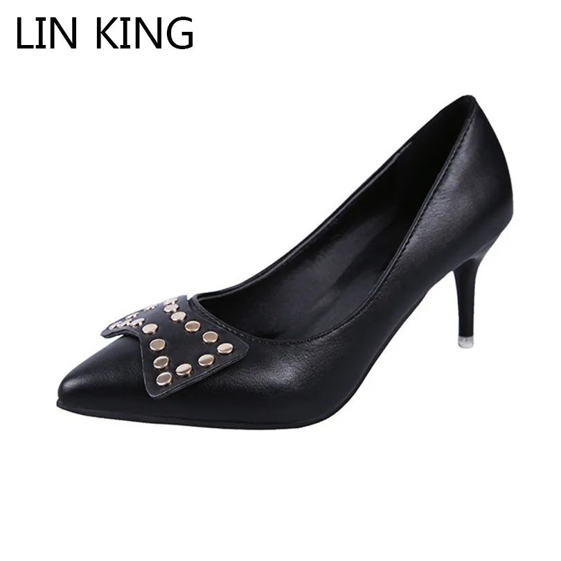 

LIN KING Sexy Pointed Toe Women Pumps Retro Rivets Slip On High Heel Shoes Designer Femal Single Shoes Lady Wedding Party Shoes