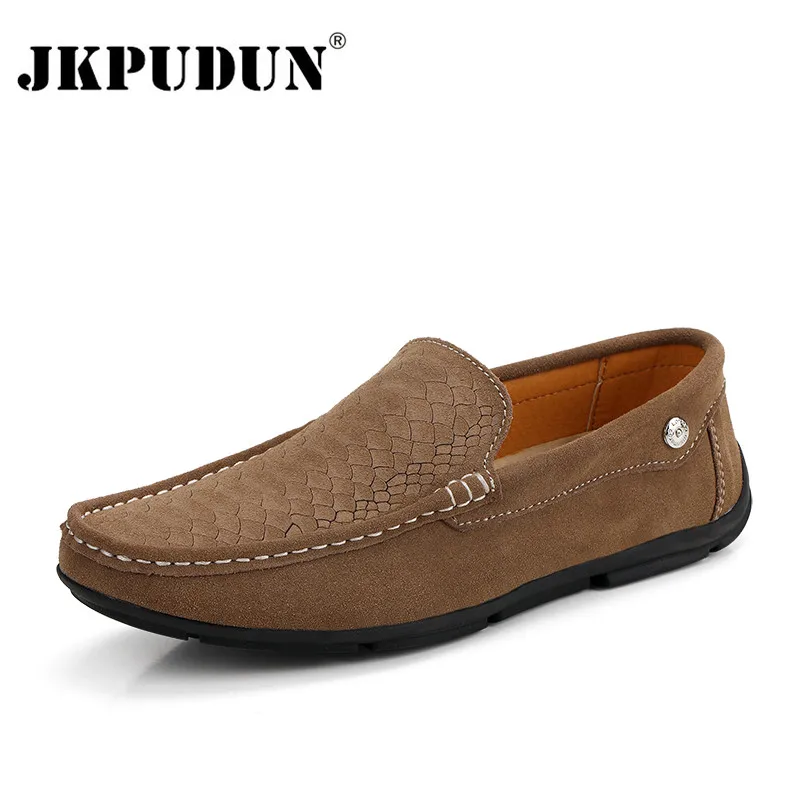 JKPUDUN/Модная замшевая Мужская обувь; Роскошная обувь для вождения из натуральной кожи; повседневные дизайнерские Мокасины без застежки; мужские лоферы; высокое качество - Цвет: khaki