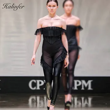 

Halinfer 2018 New summer women jumpsuits sexy bodycon ruffle bandage jumpsuits elegant celebrity party black jumpsuit vestidos