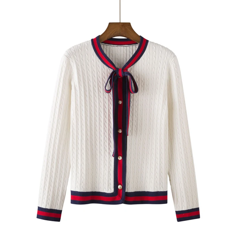 2019 Autumn New Sweater Coat Bow Tie Long Sleeve Sweater Female Pearl Single Breasted Slim Kniting Cardigan R580