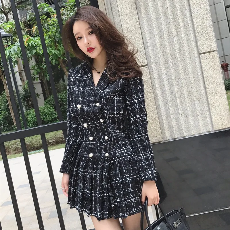 

High Street Womens Spring Autumn Plaid Tweed Dress Double Breasted Beaded Mini Ladies Dresses Club Party Office Warm Dress Women
