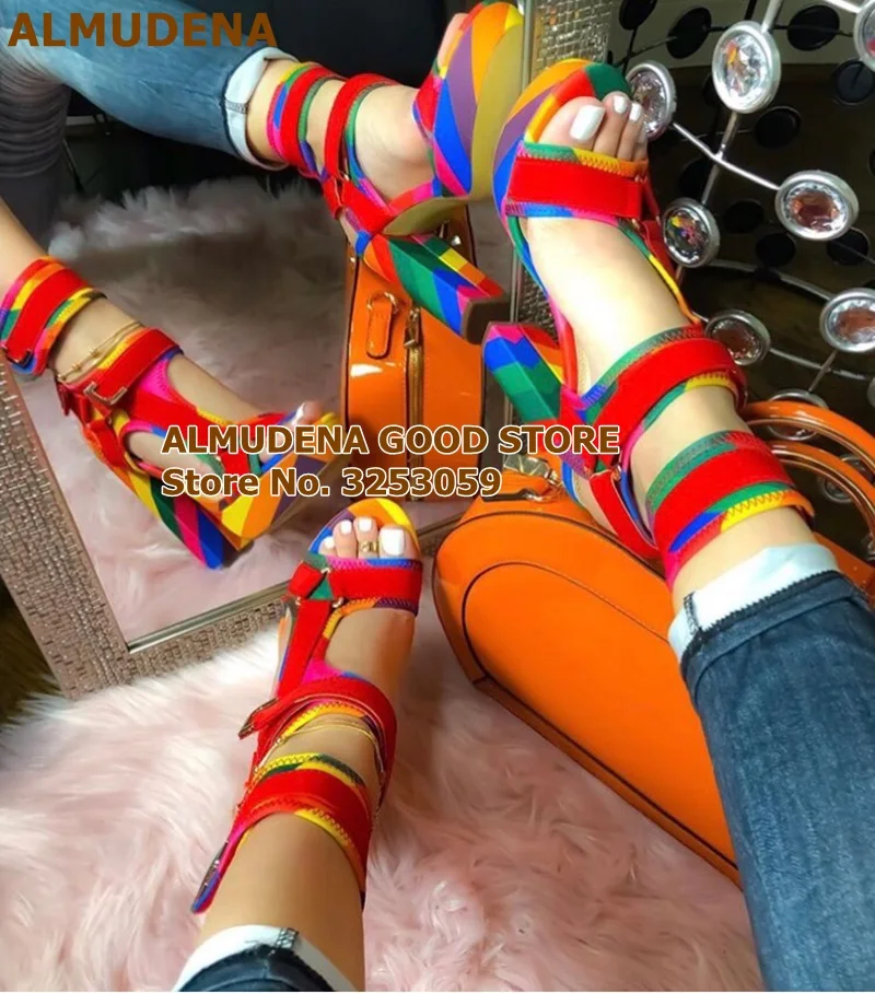 

ALMUDENA Newest Rainbow Stripe Color Patchwork Chunky Heel Platform Sandals Metal Decoration Buckle Strap Wedding Shoes Dropship