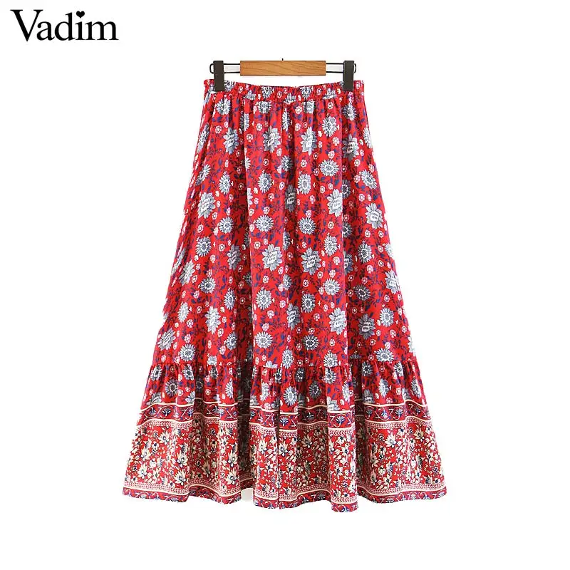 

Vadim women vintage floral long skirt faldas mujer elastic waist split female casual chic ankle length A line skirts BA512