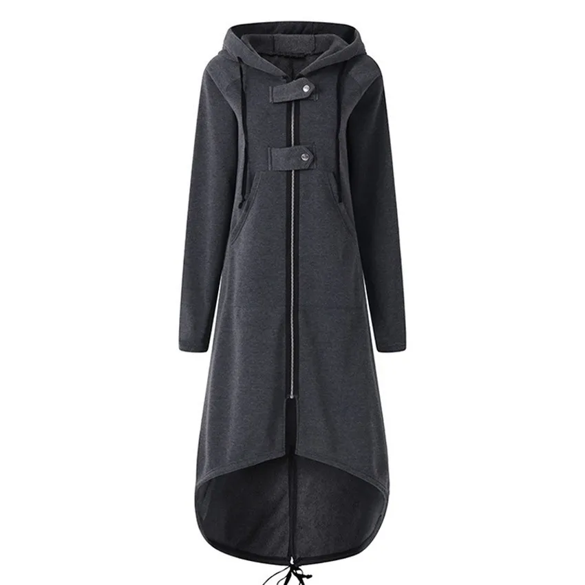 

Nice Autumn Women Zipper Hooded Coat Drawstring Irregular Long Jacket Button Solid Long Sleeve Plus Size Coat