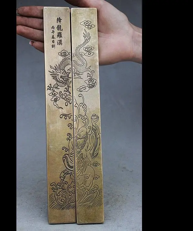 

6711159154++Chinese Collect Brass Dragon Lohan Statue Exorcism Paper Weight Paperweight Pair