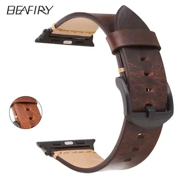 

BEAFIRY Watch Band Straps 42mm 44mm Oil Wax Natureal Crack Leather Dark Brown Light Brown For Apple watch iwatch